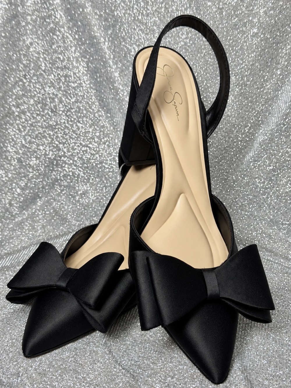 Jessica Simpson Black Pointed-Toe Slingback Bow Heels